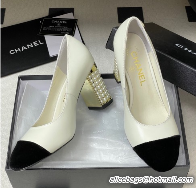 Best Product Chanel Lambskin & Velvet Pumps 8cm with Pearls White 2025 CH090104