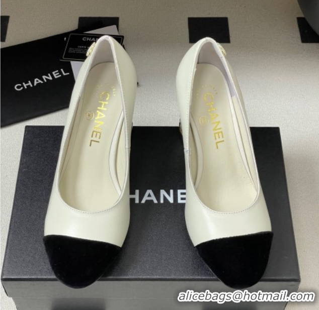 Best Product Chanel Lambskin & Velvet Pumps 8cm with Pearls White 2025 CH090104