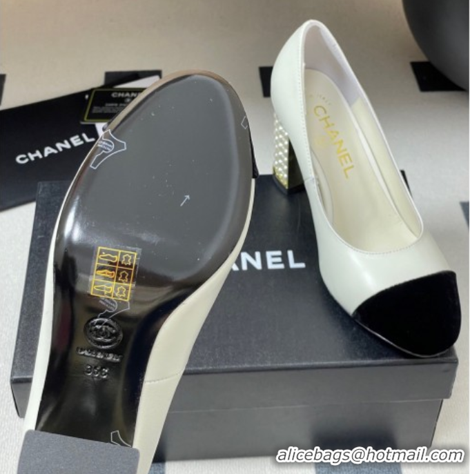 Best Product Chanel Lambskin & Velvet Pumps 8cm with Pearls White 2025 CH090104