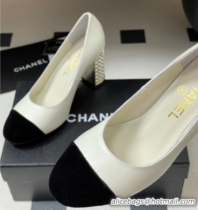 Best Product Chanel Lambskin & Velvet Pumps 8cm with Pearls White 2025 CH090104