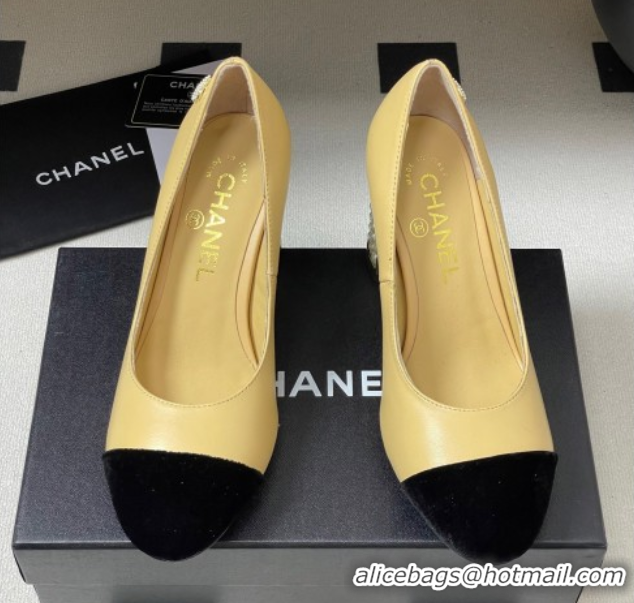 Shop Duplicate Chanel Lambskin & Velvet Pumps 8cm with Pearls Beige Yellow CH090104 0901076
