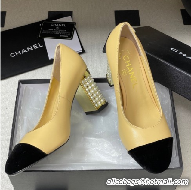 Shop Duplicate Chanel Lambskin & Velvet Pumps 8cm with Pearls Beige Yellow CH090104 0901076