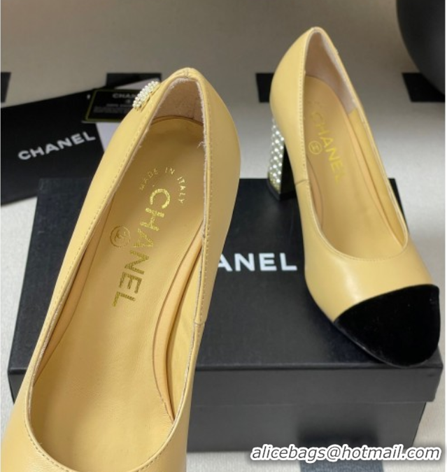 Shop Duplicate Chanel Lambskin & Velvet Pumps 8cm with Pearls Beige Yellow CH090104 0901076