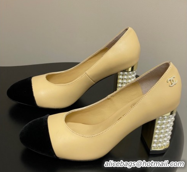 Shop Duplicate Chanel Lambskin & Velvet Pumps 8cm with Pearls Beige Yellow CH090104 0901076