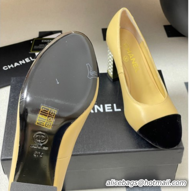 Shop Duplicate Chanel Lambskin & Velvet Pumps 8cm with Pearls Beige Yellow CH090104 0901076