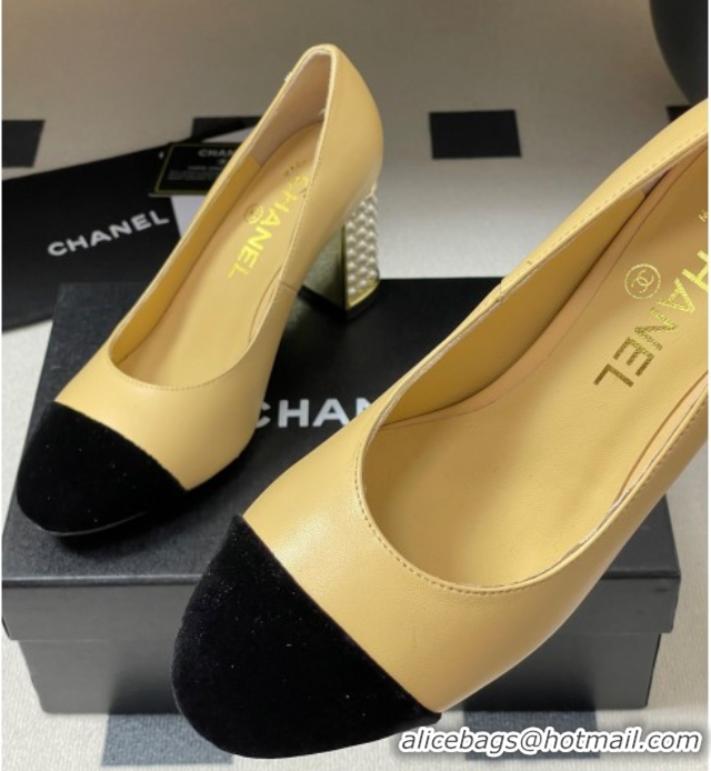 Shop Duplicate Chanel Lambskin & Velvet Pumps 8cm with Pearls Beige Yellow CH090104 0901076