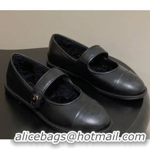 Good Quality Chanel Calfskin & Wool Lining Mary Janes Ballet Flats Black 2025 CH090106