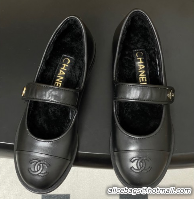 Good Quality Chanel Calfskin & Wool Lining Mary Janes Ballet Flats Black 2025 CH090106
