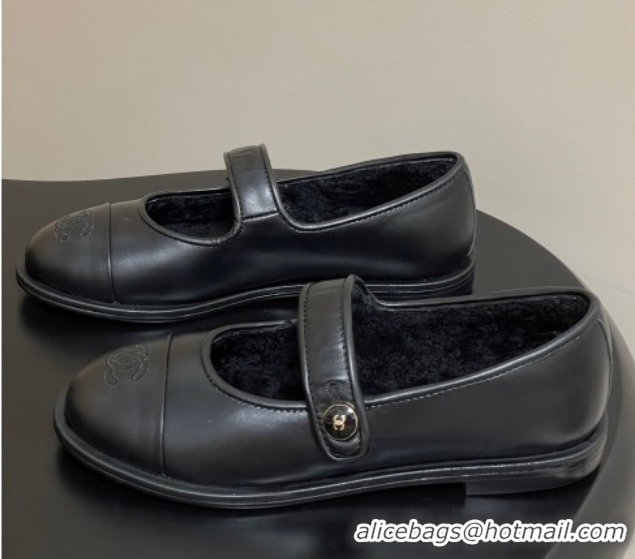 Good Quality Chanel Calfskin & Wool Lining Mary Janes Ballet Flats Black 2025 CH090106