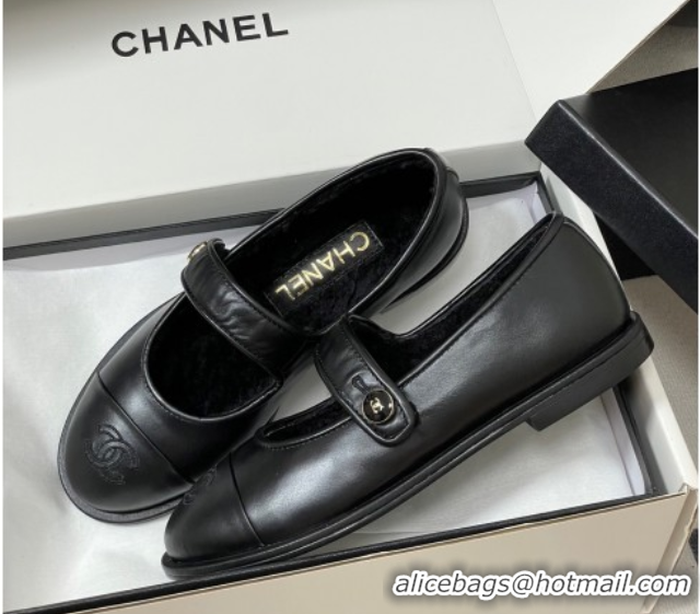 Good Quality Chanel Calfskin & Wool Lining Mary Janes Ballet Flats Black 2025 CH090106