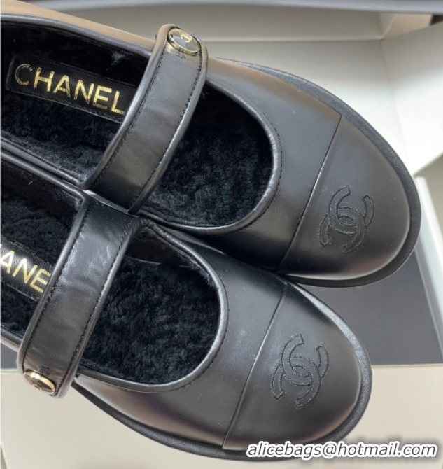 Good Quality Chanel Calfskin & Wool Lining Mary Janes Ballet Flats Black 2025 CH090106