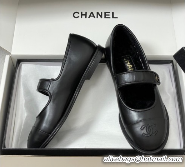 Good Quality Chanel Calfskin & Wool Lining Mary Janes Ballet Flats Black 2025 CH090106