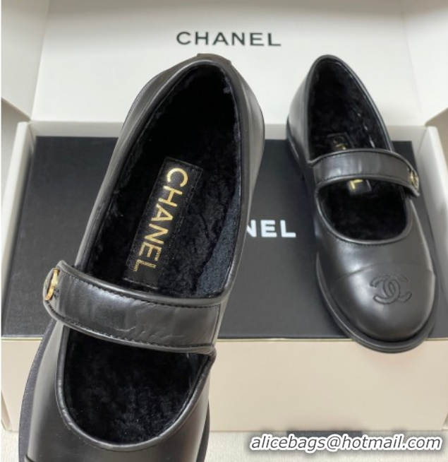 Good Quality Chanel Calfskin & Wool Lining Mary Janes Ballet Flats Black 2025 CH090106