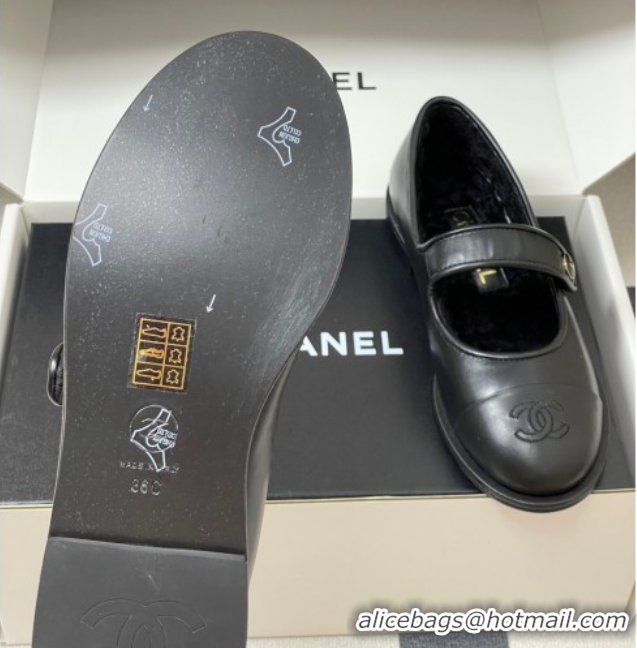 Good Quality Chanel Calfskin & Wool Lining Mary Janes Ballet Flats Black 2025 CH090106