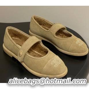 Luxury Discount Chanel Suede & Wool Lining Mary Janes Ballet Flats Beige 2025 CH090106 0901079