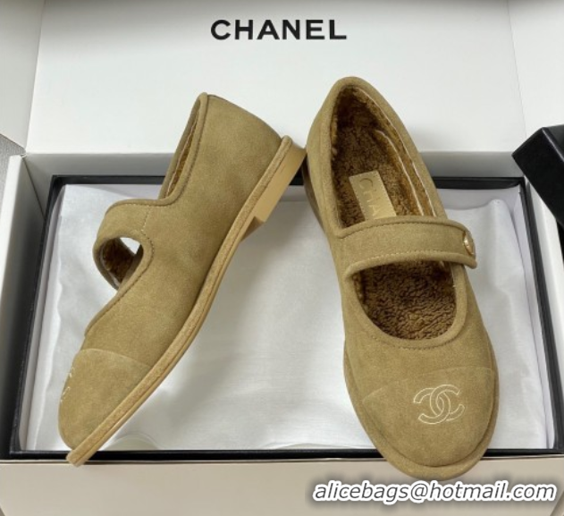 Luxury Discount Chanel Suede & Wool Lining Mary Janes Ballet Flats Beige 2025 CH090106 0901079