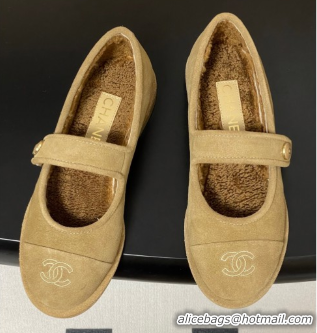 Luxury Discount Chanel Suede & Wool Lining Mary Janes Ballet Flats Beige 2025 CH090106 0901079