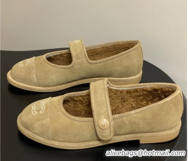 Luxury Discount Chanel Suede & Wool Lining Mary Janes Ballet Flats Beige 2025 CH090106 0901079