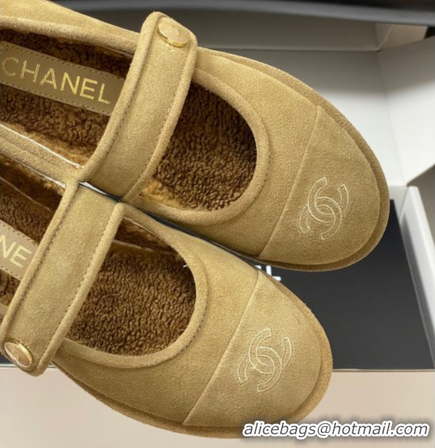 Luxury Discount Chanel Suede & Wool Lining Mary Janes Ballet Flats Beige 2025 CH090106 0901079
