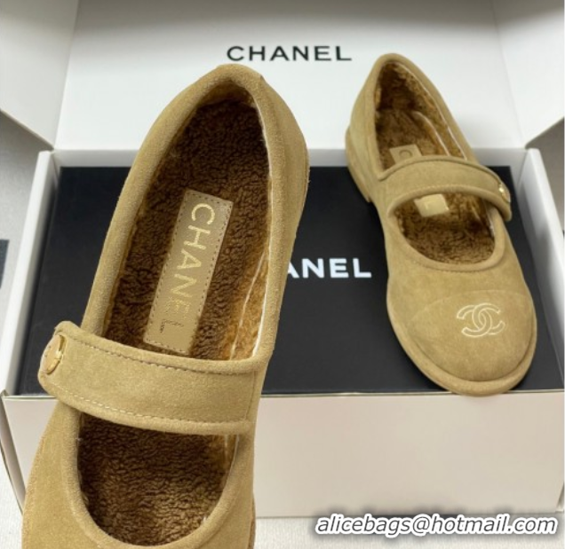 Luxury Discount Chanel Suede & Wool Lining Mary Janes Ballet Flats Beige 2025 CH090106 0901079