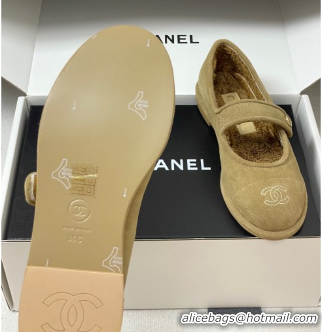 Luxury Discount Chanel Suede & Wool Lining Mary Janes Ballet Flats Beige 2025 CH090106 0901079