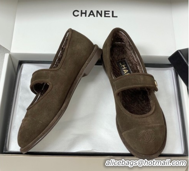 Top Grade Chanel Suede & Wool Lining Mary Janes Ballet Flats Brown 2025 CH090106 50901080
