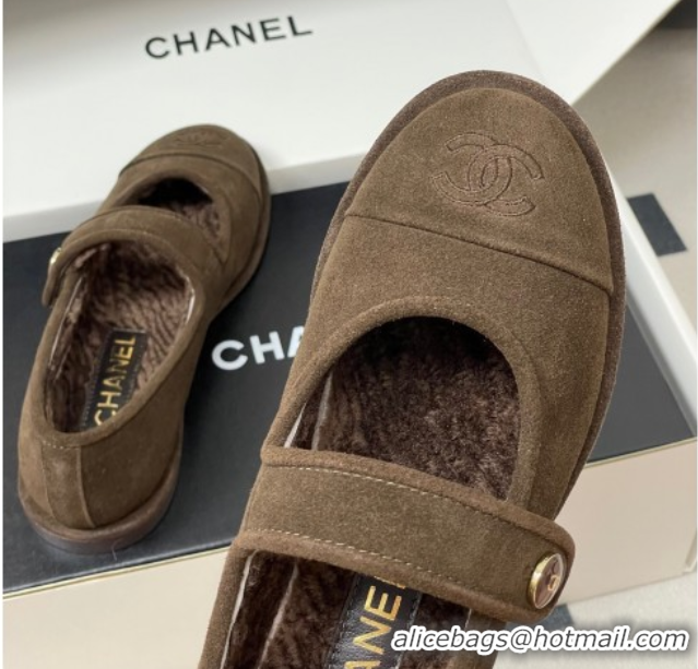 Top Grade Chanel Suede & Wool Lining Mary Janes Ballet Flats Brown 2025 CH090106 50901080