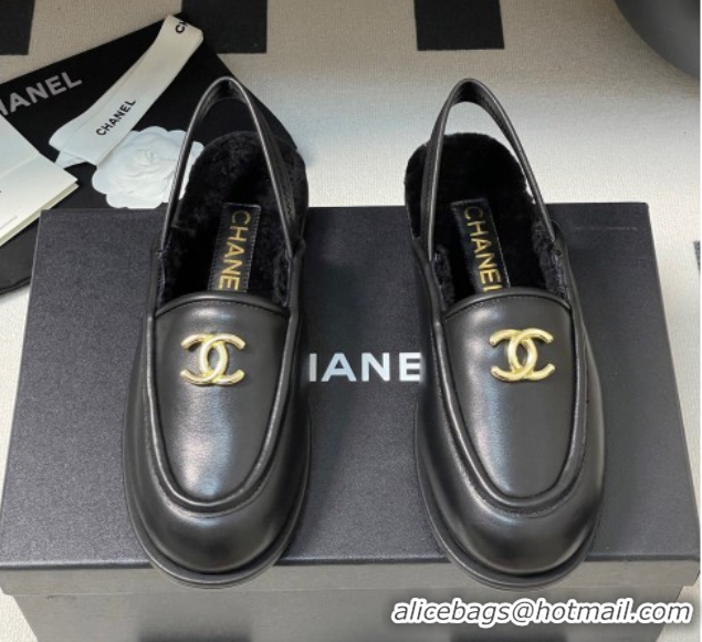 Durable Chanel Calfskin & Shearling Lining Slingback Flat Loafers Black 2025 CH090107 50901081
