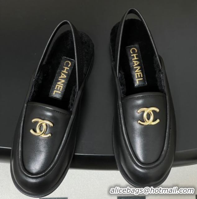 Durable Chanel Calfskin & Shearling Lining Slingback Flat Loafers Black 2025 CH090107 50901081