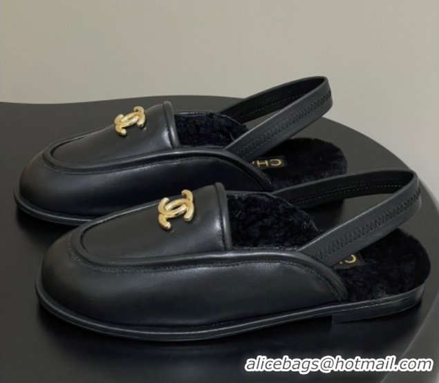 Durable Chanel Calfskin & Shearling Lining Slingback Flat Loafers Black 2025 CH090107 50901081