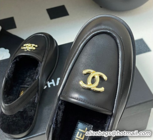 Durable Chanel Calfskin & Shearling Lining Slingback Flat Loafers Black 2025 CH090107 50901081