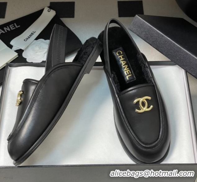 Durable Chanel Calfskin & Shearling Lining Slingback Flat Loafers Black 2025 CH090107 50901081