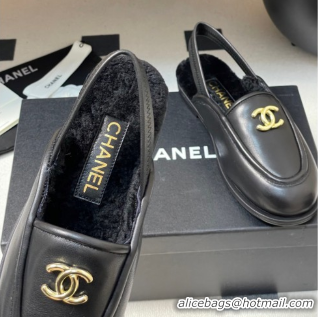 Durable Chanel Calfskin & Shearling Lining Slingback Flat Loafers Black 2025 CH090107 50901081