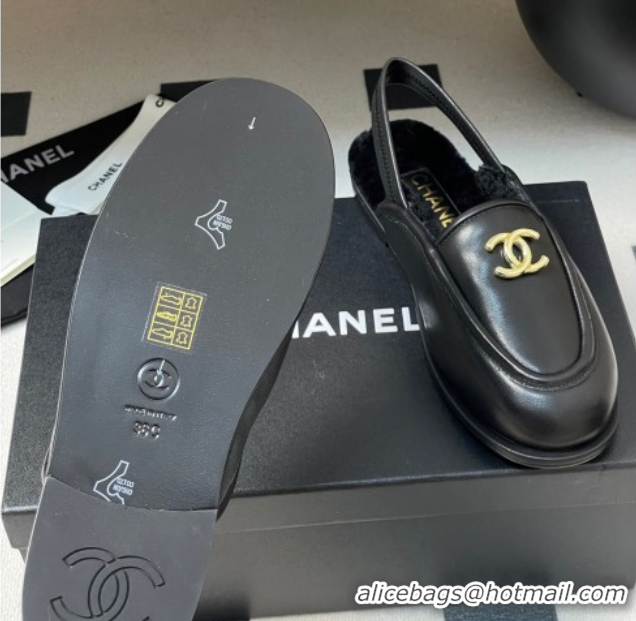 Durable Chanel Calfskin & Shearling Lining Slingback Flat Loafers Black 2025 CH090107 50901081