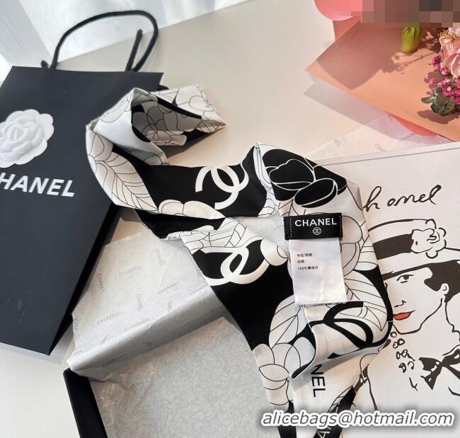 Low Cost Chanel Camellia Silk Bandeau Scarf 6x120cm CH091024 Black/Grey 2025
