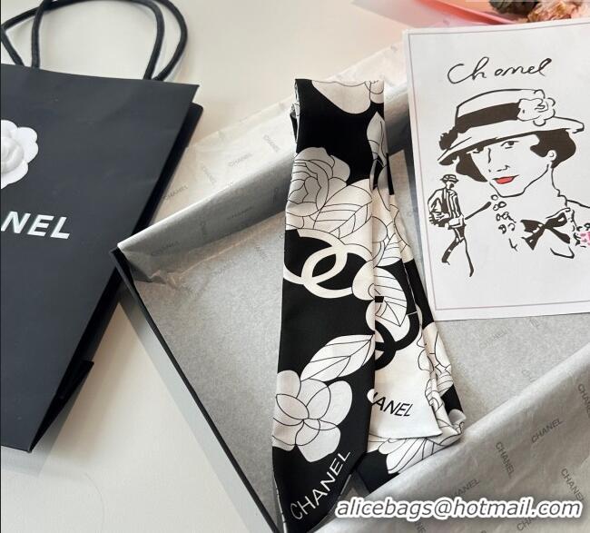 Low Cost Chanel Camellia Silk Bandeau Scarf 6x120cm CH091024 Black/Grey 2025