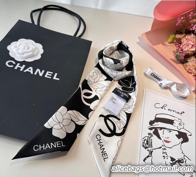Low Cost Chanel Camellia Silk Bandeau Scarf 6x120cm CH091024 Black/Grey 2025