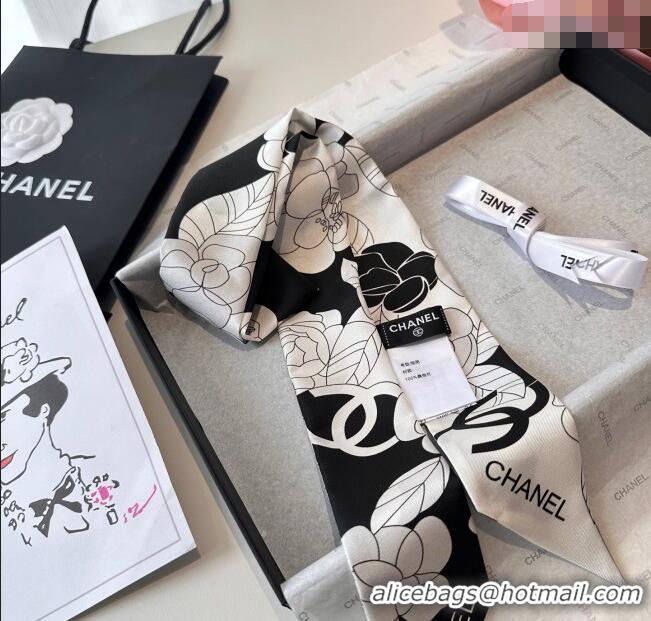 Low Cost Chanel Camellia Silk Bandeau Scarf 6x120cm CH091024 Black/Grey 2025