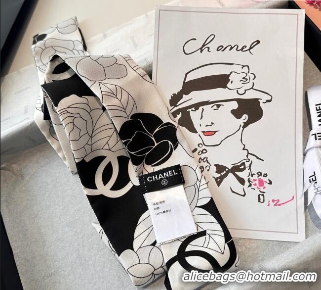 Low Cost Chanel Camellia Silk Bandeau Scarf 6x120cm CH091024 Black/Grey 2025