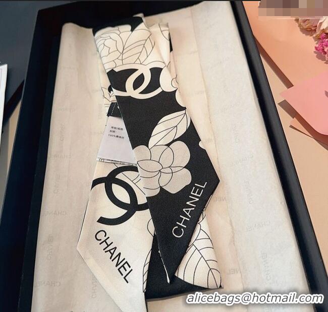 Low Cost Chanel Camellia Silk Bandeau Scarf 6x120cm CH091024 Black/Grey 2025