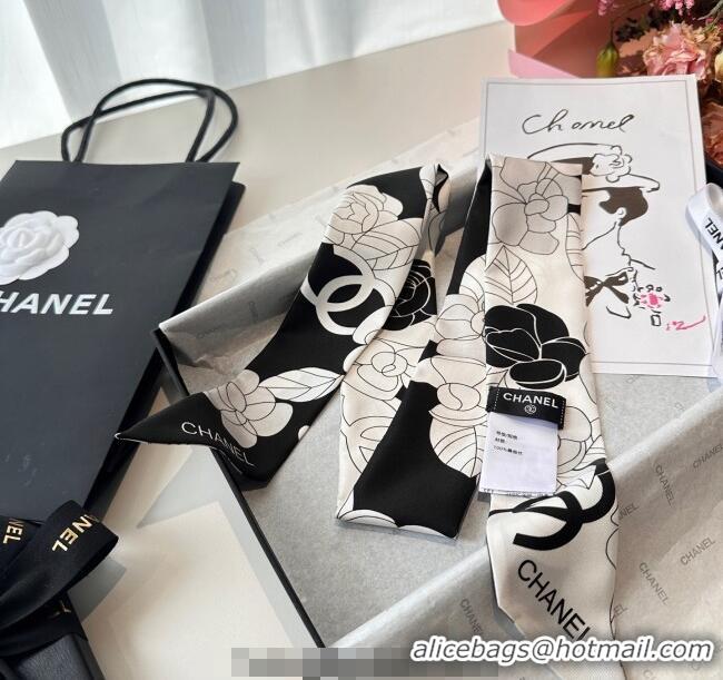 Low Cost Chanel Camellia Silk Bandeau Scarf 6x120cm CH091024 Black/Grey 2025