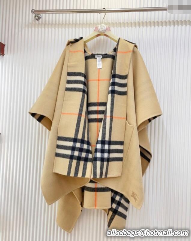 Luxury Cheap Burberry Cashmere Reversible Hoodlie Cape with Fringes BR091030 Sand 2025