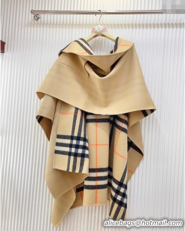 Luxury Cheap Burberry Cashmere Reversible Hoodlie Cape with Fringes BR091030 Sand 2025