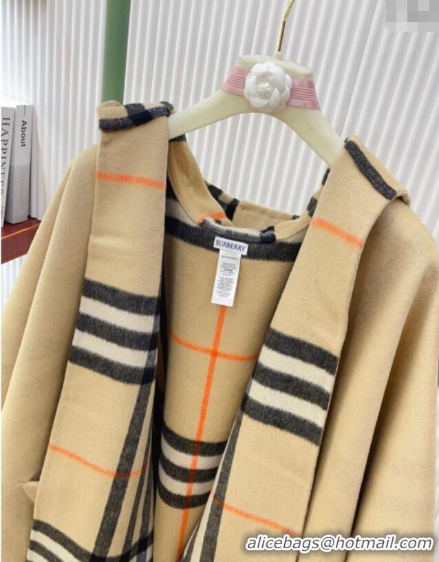 Luxury Cheap Burberry Cashmere Reversible Hoodlie Cape with Fringes BR091030 Sand 2025
