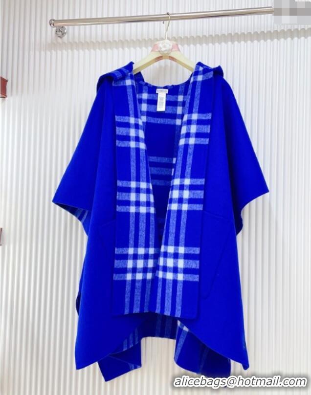 Grade Quality Burberry Cashmere Reversible Hoodlie Cape with Fringes BR091030 Blue 2025