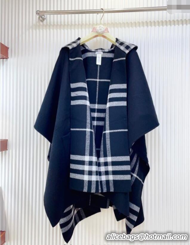 Luxury Cheap Burberry Cashmere Reversible Hoodlie Cape with Fringes BR091030 Black/White 2025