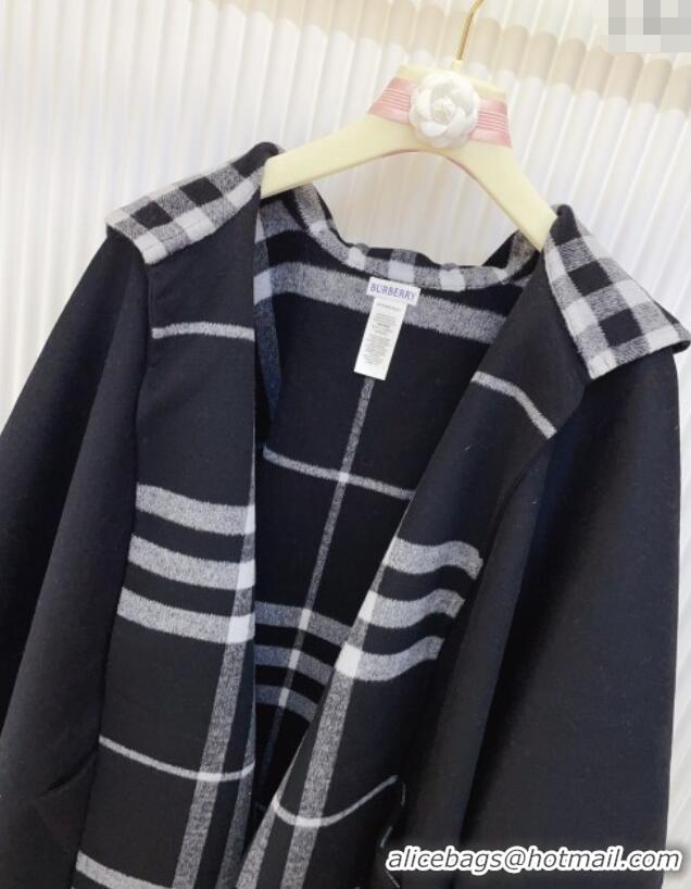 Luxury Cheap Burberry Cashmere Reversible Hoodlie Cape with Fringes BR091030 Black/White 2025