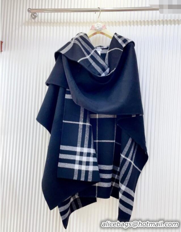 Luxury Cheap Burberry Cashmere Reversible Hoodlie Cape with Fringes BR091030 Black/White 2025