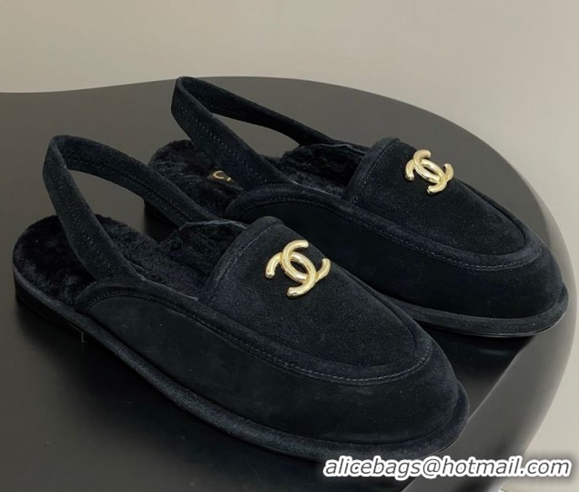 Popular Style Chanel Suede & Shearling Lining Slingback Flat Loafers Black 2025 CH090107 0901082
