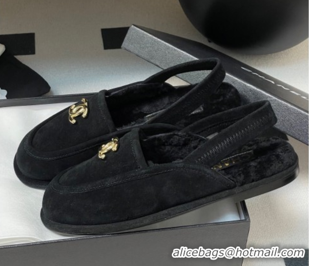 Popular Style Chanel Suede & Shearling Lining Slingback Flat Loafers Black 2025 CH090107 0901082